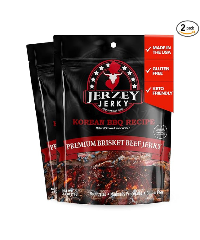 Jerzey Jerky Korean BBQ Brisket Jerky 2.5oz (2 Pack) – High Protein, Gluten Free and Healthy Beef Snacks with Rich, Authentic Flavor