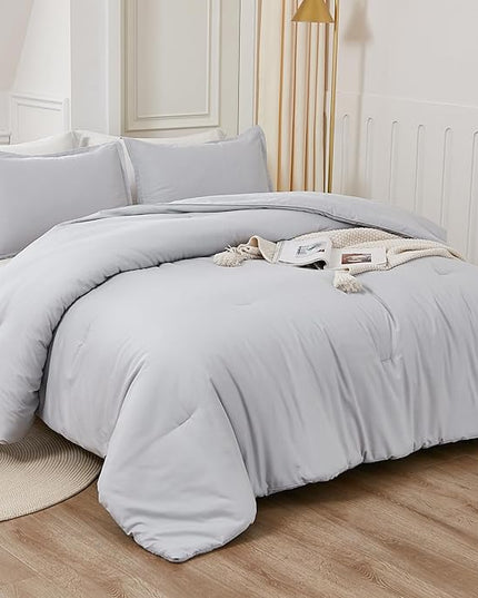 Litanika Light Grey Twin/Twin XL Comforter Set, 2 Pieces Lightweight Solid Bedding Comforter Set, All Season Fluffy Bed Set (66x90In Comforter & 1 Pillowcase)
