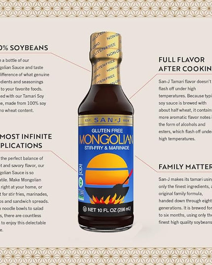 San-J - Variety Pack - Sweet and Tangy, Mongolian, Hoisin, Korean BBQ - All Gluten Free Cooking Sauces - Non-GMO - 10 oz. Bottles - 4 Pack