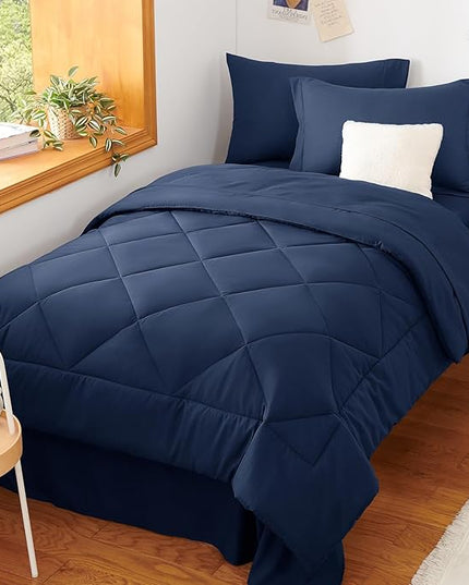 CozyLux Twin XL Comforter Set Navy Blue - 5 Pieces Twin Extra Long Bed in a Bag for College Dorm, All Season Bedding Set for Girls and Boys, Soft Bed Set with Comforter, Sheets, Pillowcase & Sham