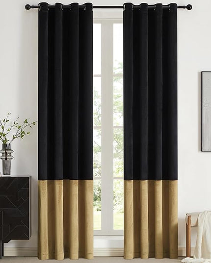 BULBUL Black Gold Color Block Window Curtains Panels 90 inches Long Velvet Farmhouse Drapes for Bedroom Living Room Darkening Treatment with Grommet Set of Black Gold