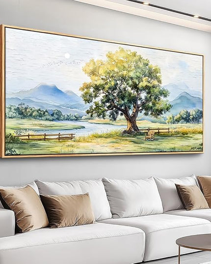 PHAOHUAXM Large Farmhouse Wall Decor For Living Room Wall Art For Bedroom Office Decor Green Tree Ink-Wash Landscape Painting Artwork Canvas Printing Pictures Wall Home Decor 30x60In Wood Framed