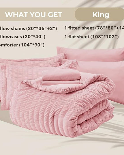 HYMOKEGE Pink King Size Comforter Set Seersucker 7 Pieces, All Season Luxury Bed in a Bag for Bedroom, Bedding Set with Comforters, Sheets, Pillowcases & Shams