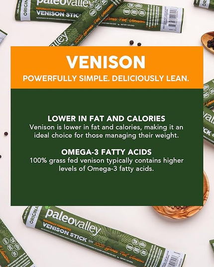 Paleovalley 100% Grass Fed Venison Sticks – 10 Pack – Keto-Friendly, High Protein, Low-Calorie Snack – Omega-3 Rich, Gluten-Free, Nitrate-Free, Naturally Flavored – Healthy On-the-Go Meat Snack