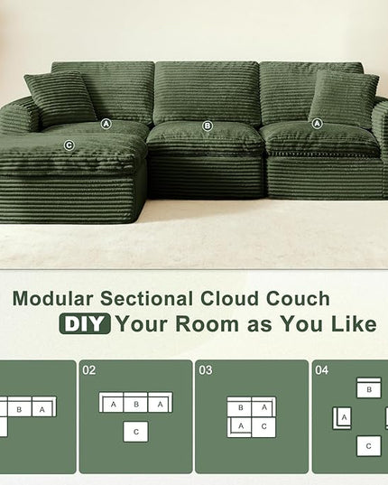 108” Modular Sectional Sofa Couches L Shaped Couch 3 Seater Cloud Sofa Memory Foam Sectional Couches for Living Room, Boneless Couch with Ottoman, Corduroy, Green