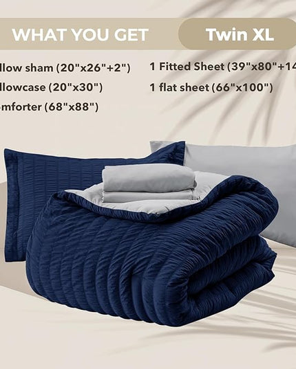 HYMOKEGE Navy Blue/Light Grey Twin XL Comforter Set Seersucker 5 Pieces, All Season Luxury Bed in a Bag for Bedroom, Bedding Set with Comforter, Sheets, Pillowcase & Sham