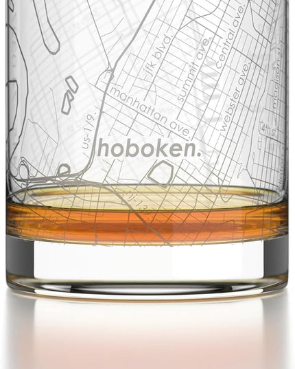 Well Told Engraved Hoboken New Jersey Map Rocks Glass, Old Fashioned Glassware (11 oz, Clear) Etched Bourbon Tumbler, Gifts For Whiskey Lovers