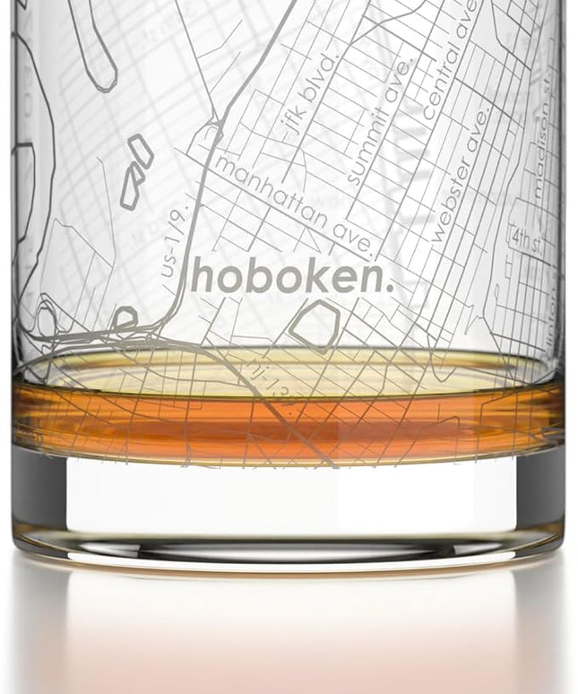 Well Told Engraved Hoboken New Jersey Map Rocks Glass, Old Fashioned Glassware (11 oz, Clear) Etched Bourbon Tumbler, Gifts For Whiskey Lovers