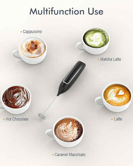 Milk Frother Handheld Battery, Electric Foam Maker Frother Wand, Drink Mixer with Stainless Steel Whisk for Coffee, Matcha, Lattes, Cappuccino Black