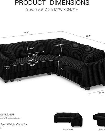 Belffin Convertible Sectional Couch with Chaise Corner Sectional Sofa L Shaped Couch Reversible Corner Upholstered Couches for Living Room Corduroy (Black, V Shaped)
