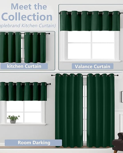 Simplebrand Ever Green Kitchen Valances for Windows 18 Inches Long 2 Pack, Room Darkening Window Valances for Living Room, Grommet Short Straight Drape Kitchen Curtains for Bedroom Kids Room, 40Wx18L