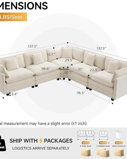 137'' V Shaped Cloud Sectional Sofa, Oversized Deep Seat Couches for Living Room, Chenille Comfy Upholstered Modular Sectional Sofa Couch, Beige