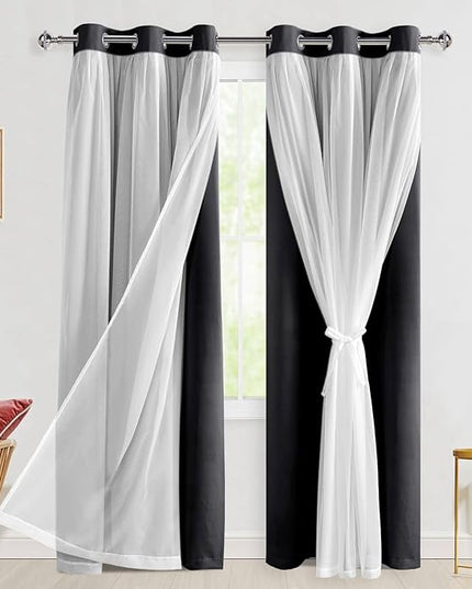 Hiasan Black Blackout Curtains with Sheer Overlay, Grommet Thermal Insulated Mix & Match Double Layer Window Curtains for Bedroom, Living Room, 2 Drape Panels Sewn with Tiebacks, 42W X 84L