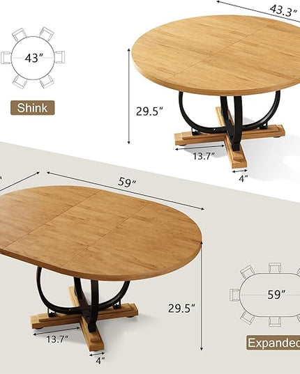 59" Round Extendable Dining Table for 4-6, Modern Oval Kitchen Table with Heavy Duty Curved Legs & Wood X-Based, MDF Board with Spring Buckle, Space Saving, Dining Kitchen Living Room, Oak