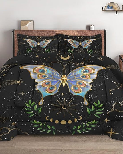 Comforter Set Full Size, Gothic Butterfly Moon Soft 3 Pcs Bedding for Kids and Adults Botanical Plant Leaf Comforter Set with 2 Pillowcases for Bedroom Bed Decor