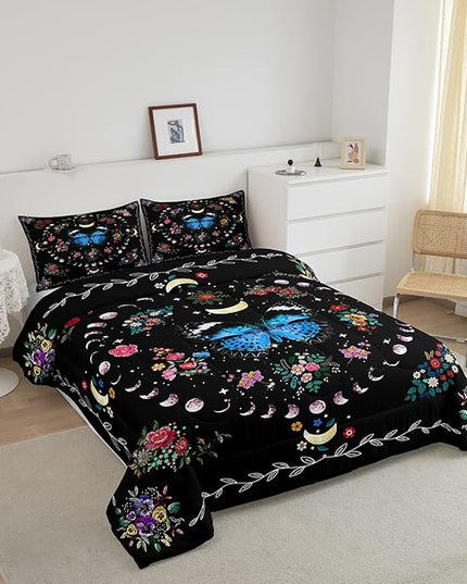 Sun and Moon Kids Comforter Set Full Size,Starry Sky Galaxy Planet Trippy Bedding Set,Boys Girls Adults Room Decor,Butterfly Flowers Boho Exotic Down Comforter,Colorful Duvet Insert,2 Pillowcases