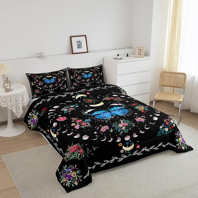 Sun and Moon Kids Comforter Set Full Size,Starry Sky Galaxy Planet Trippy Bedding Set,Boys Girls Adults Room Decor,Butterfly Flowers Boho Exotic Down Comforter,Colorful Duvet Insert,2 Pillowcases