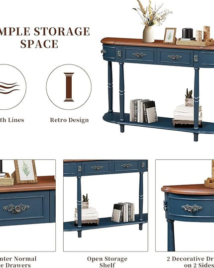 HMFULE Retro Curved Console Table, 52" Half Moon Sofa Entryway With 2 Drawers 1 Open Shelf, Solid Pine Legs for Living Room, Hallway, Navy Blue