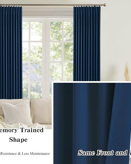 KEQIAOSUOCAI Pinch Pleated Curtains 120 Inches Long 10 FT Tall 2 Panels Set, Thermal Insulated Blackout Room Darkening Curtains for Bedroom,Window Draperies with Hooks(Navy Blue,40x120-inch)