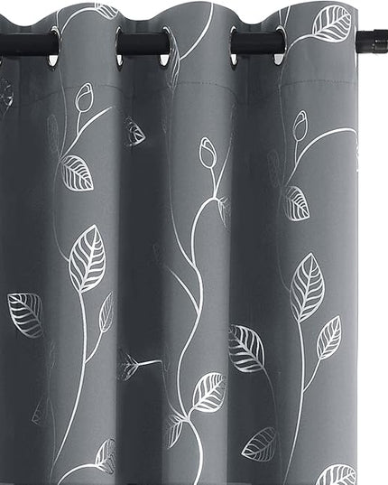 BUHUA Room Darkening Curtains 63 Inch Length, Window Treatments for Living Room Grommet Curtains with Silver Leaf Foil Design (52 x 63 Inch,Grey,Set of 2)