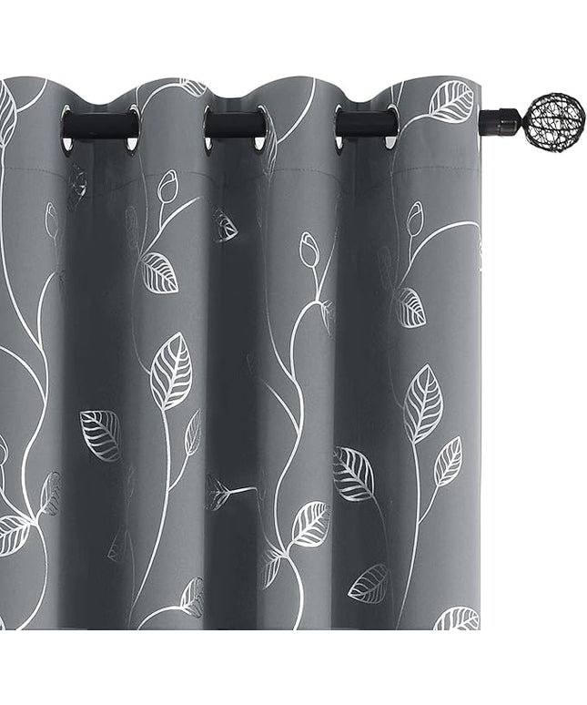 BUHUA Heat Blocking Curtains, Black Out Curtains 72 Inch Long 2 Panels Burg, Soundproof Curtains with Silver Leaf Printed (52 x 72 Inch,Grey,Set of 2 Panels)