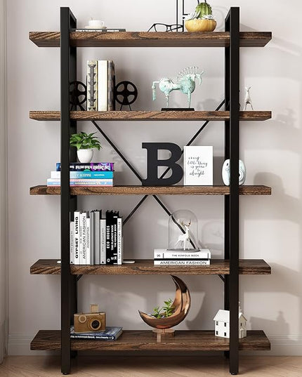 5-Tier Industrial Style Solid Wood Bookcase and Book Shelves,Rustic Wood and Metal Shelving Unit， Living Room,Modern Rustic Open Industrial Book Shelf Office,Distressed Brown (AY-02-5Tier)