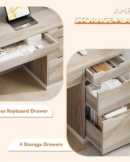48 Inch Small Desk with Drawers, Computer Desk with Storage File Cabinet for Bedroom, Office Desk with Storage for Small Space, Walnut