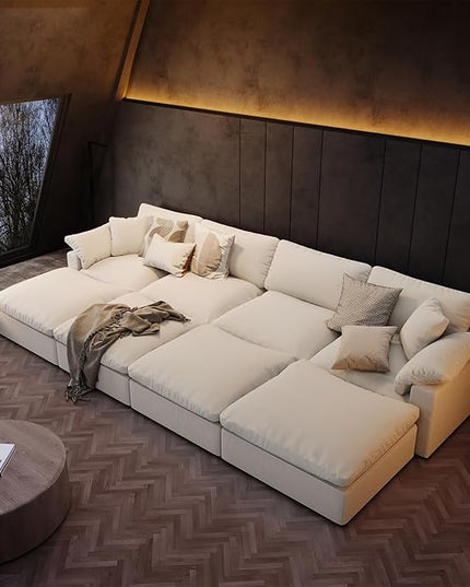 Modular Sectional Sofa,Extra Comfty Deep-Seat-Filled Couch, White 6 Seat U Shape Sofas with Movable Ottoman, Modern Couches for Living Room, Apartment, Office,Small Space
