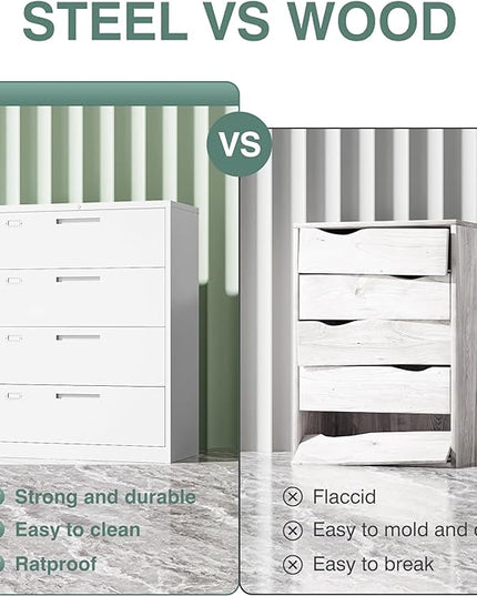 Letaya 4 Drawer File Cabinet with Lock, Metal Lateral Filing Cabinet Wide Office Organization Storage for Home Office Hanging Letter/Legal/F4/A4 (White-Requires Installation)