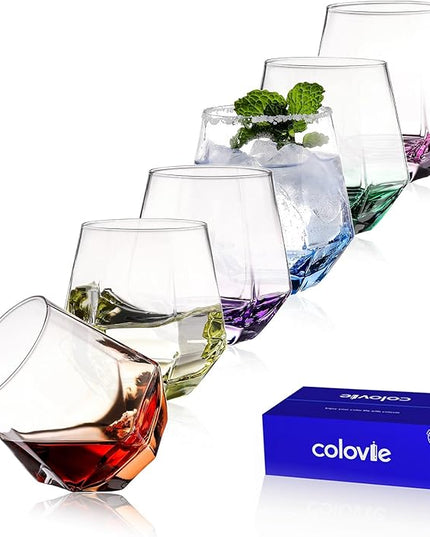 ColoVie Stemless Wine Glasses Set of 6, Cocktail Glasses, Diamond Shaped Wine Glasses for White or Red Wine, Unique Colorful Drinking Glasses,10 oz Easy Hold, Cute, Dishwasher Safe