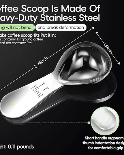 Coffee Scoop set,1&2Tablespoon Measuring spoon (2pieces) Ergonomic sdesign stainless steel manufacture,Coffee Scoop for Ground Coffee, Fits inside Airscape Canisters. (1TBSP&2TBSP(15ML&30ML))