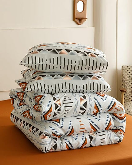 Houseri Orange and Brown Boho Comforter Set Queen Geometric Mocha Blue Diamonds Artistic Bedding Sets Queen Size Women Men Earth Tone Bohemian Triangle Farmhouse Retro Fashion Bed Quilt Blankets Queen