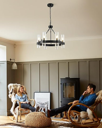 6-Light Large Black Wagon Wheel Chandelier with Glass Shades, 20 Inch Farmhouse Industrial Round Chandelier for High Ceilings, Pendant Lighting Fixture for Dining Living Room Kitchen Island Foyer