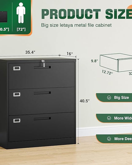 Letaya Lateral 3 Drawer File Cabinets with Lock, Metal Filing Storage Vertical Cabinets,Home Office Furniture for Organization Hanging Letter/Legal/F4/A4(Black)