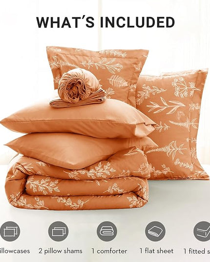 MUXHOMO Burnt Orange Bed in a Bag King 7 Pieces, King Comforter Set Reversible Botanical Flowers Design, Ultra Soft & Breathable Bedding Sets with Comforter, Sheets, Pillowcases & Shams