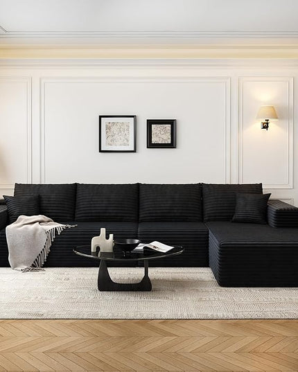 135.4" Cloud Modular Sectional Sofa Couch with L-Shape Chaise,Modern Minimalist Upholstered Couches for Living Room Bedroom,Deep Seat Corner Couch，No Assembly Required (Black,Right Facing Chaise)