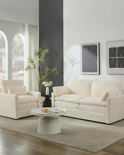 Tbfit Living Room Furniture Set, Loveseat Couch & Accent Chair, Modern Comfy Cloud Sofa Set, Spring Seat Cushions, Chenille Fabric, Beige