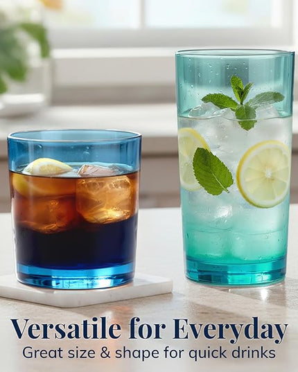 US Acrylic Classic Plastic Reusable Drinking Glasses (Set of 8) 12oz Rocks & 16oz Water Cups in Coastal Colors | BPA-Free Tumblers, Made in USA | Top-Rack Dishwasher Safe