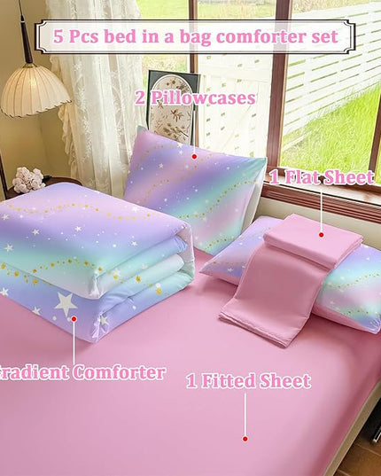 Rainbow Bedding Set Twin Size – 5 Piece Reversible Girls Comforter with Deep-Pocket Sheet, Gradient Galaxy Design, Whole-Piece Filling, Machine Washable Bed-in-a-Bag for Kids Room Makeover & Gifts