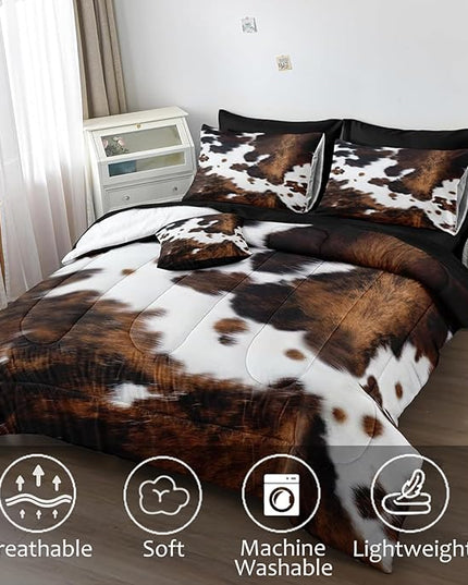 Bedbay Cow Print Comforter Set Queen Size Animal Skin Bedding 8 Pcs Queen Bed in a Bag Western Cowhide Rustic Bedding Brown Milk Cow Print Bed Set for All Seasons(Brown,Queen)