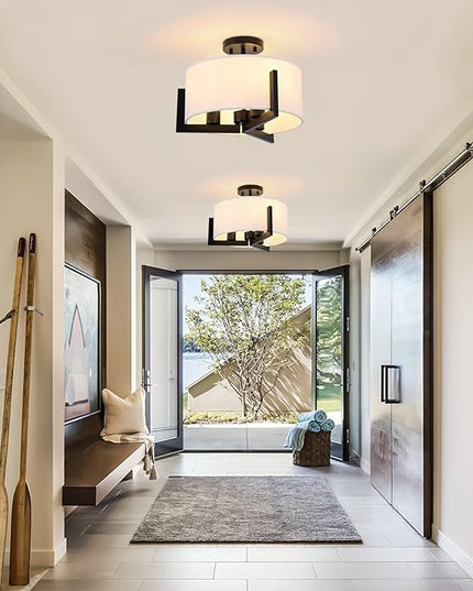 14 inch Black Semi Flush Mount Ceiling Light, 3-Light Modern Lighting Fixtures Ceiling Mount with White Drum Fabric Shade for Bedroom Entryway Hallway