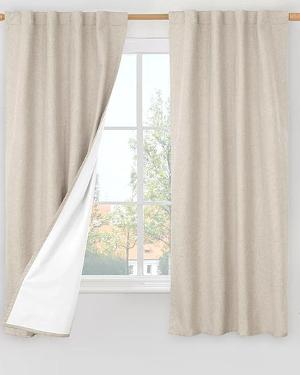 LAMIT Oatmeal 100% Blackout Linen Curtains, 63 Inches Linen Textured Thermal Bedroom Curtains Back Tab and Rod Pocket Neutral Panels with White Liner for Farmhouse, 2 Panels, 38 x 63 Inch