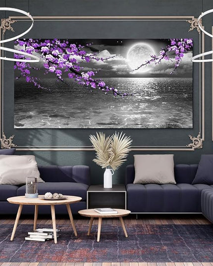 Large Purple Wall Art Decor for Living Room Bedroom Framed Black and White Seascape Full Moon Purple Flower Painting Canvas Picture Modern Hand-Painted Plum Blossom Artwork for Home Office