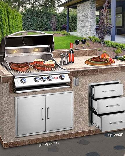 yuxiangBBQ Outdoor Kitchen Drawers Stainless Steel 3-Drawer BBQ Drawer 18" W x 23" H x 23" D Enclosed Built-in Drawer Flush Mount for Outdoor Kitchens & BBQ Islands
