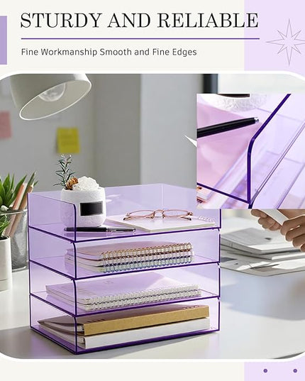 Harloon 4 Tier Acrylic Paper Tray 12.4 x 8.7 x 2.7 Inches Stackable Letter Clear Organizer No Need to Assemble Acrylic Paper File Organizer for Office Workspace Desktop Storage (Transparent Purple)