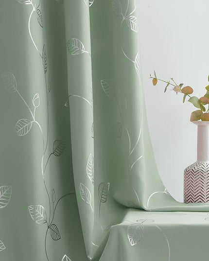 BUHUA Blackout Curtains Pairs 63 Inches Long Room Darkening Curtains with Shinny Silver Leaf Design for Sliding Glass Door 52W×63L Sage Green 1 Pair
