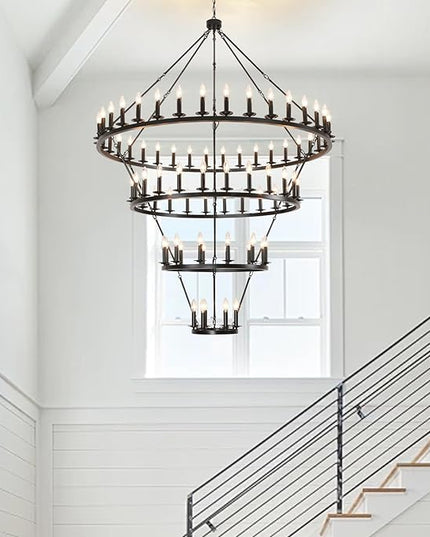 4 Tier Black Wagon Wheel Chandelier,Extra Large 60-Inch 78-Light Circle Light Fixture,Round Chandeliers for Foyer Entryway Dining Room Living Room High Ceilings