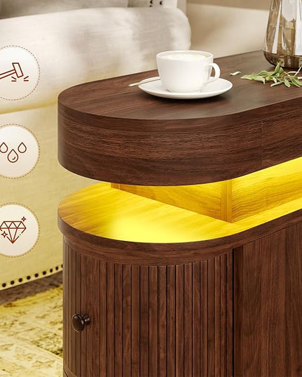 Nightstand with LED Lights, Narrow Nightstand with 3 Drawers, Curved Edge Sliding Top Storage Space for Bedroom, Living Room