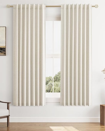Guken Beige Cream Linen Blackout Curtains 63 Inch Length 2 Panels Set for Living Room Bedroom Back Tab Thermal Insulated 100% Black Out Linen Drapes Room Darkening Window Curtains 63 Inches Long