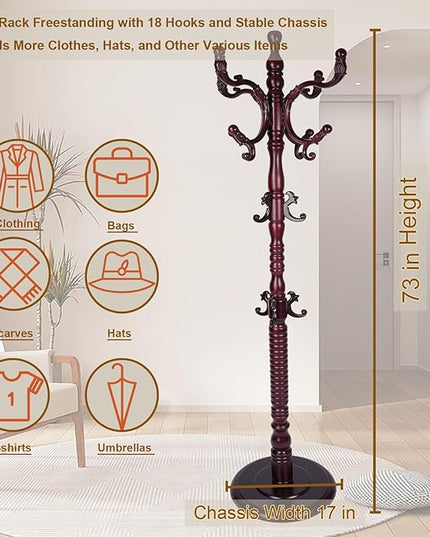 Coat Rack Freestanding with 18 Hooks, Wooden Standing Coat Racks for Entryway, Solid Wood Clothes Hanger Rack with Sturdy Round Base for Entryway, Hall, Bedroom, Office, Hallway